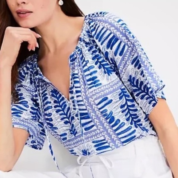 Ann Taylor LOFT Fern Stripe Tasseled V-Neck Blue/White Blouse Size XS - Picture 13 of 13